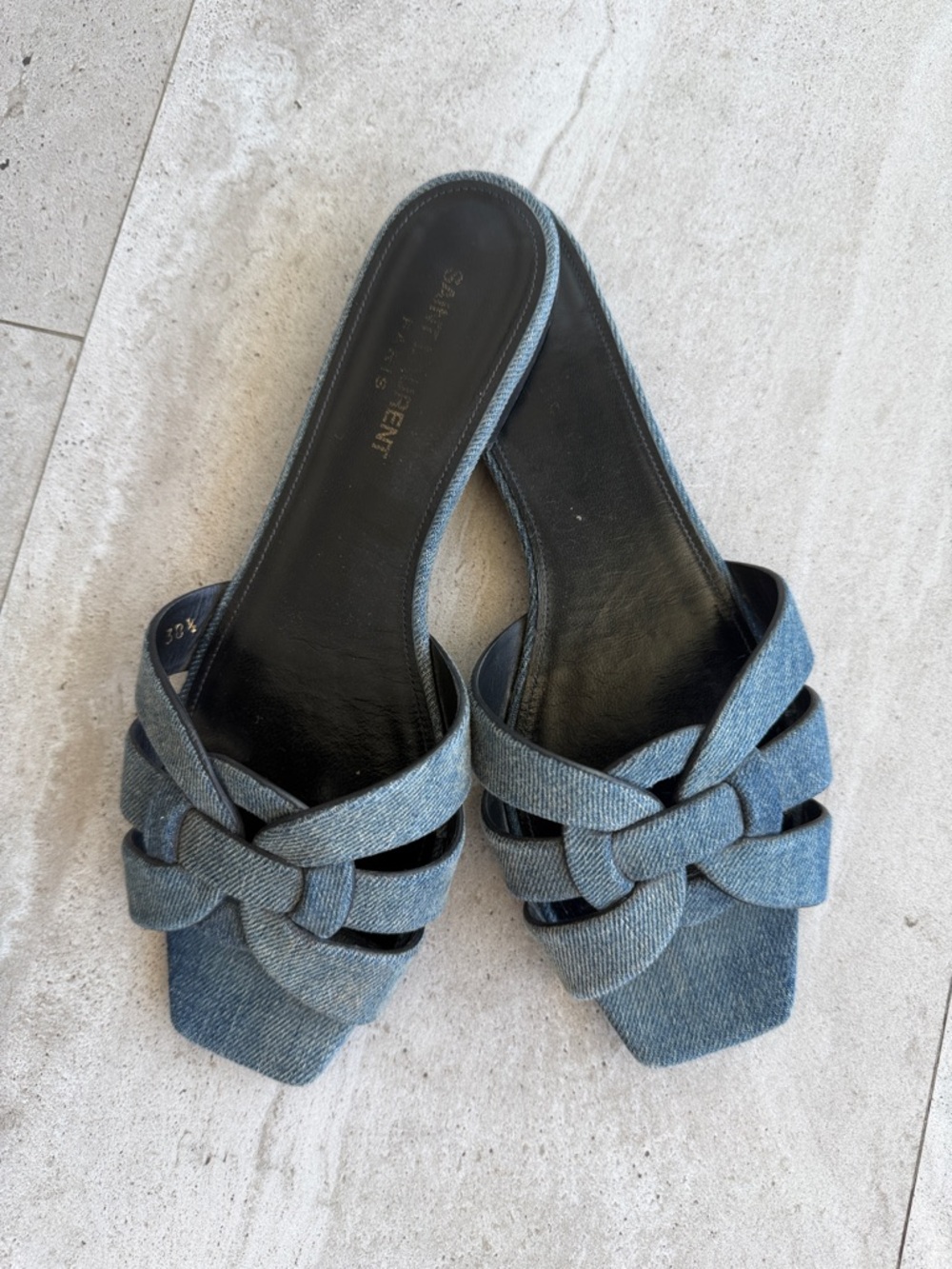 Saint Laurent “Tribute” Mule Sandals in Denim Blue